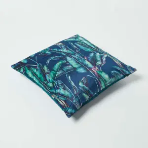 Homescapes Navy Tropical Banana Leaf Velvet Cushion 46 x 46 cm