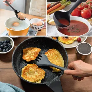 6PCS Kitchen Utensils Set, Non-Stick Silicone Cooking Tools With Soup Ladle, Slotted Spoon, Pasta Fork, For Frying, Serving, Baking(Black)