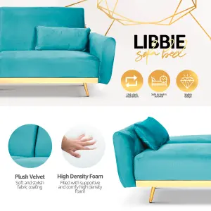 Libbie 3 Seater Blue Velvet Sofa Bed with Gold Detail