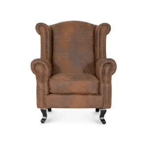 Faux Leather Suede Brown Britannia Wing Back Chair with Union Jack Flag