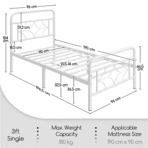 Yaheetech White 3ft Single Metal Bed Frame with Sparkling Star Design Headboard and Footboard