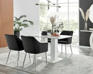 Furniturebox UK 4 Seater Dining Set - Imperia White High Gloss Dining Table and Chairs - 4 Black Calla Silver Leg Chairs