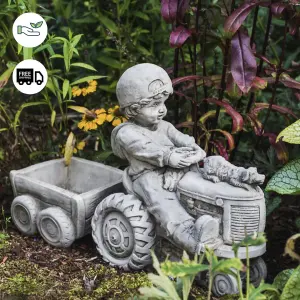 Boy on Tractor with Small Planter Trailer