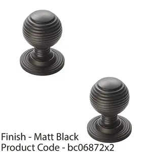 2 PACK - Reeded Ball Door Knob - 23mm Matt Black Lined Cupboard Pull Handle & Rose