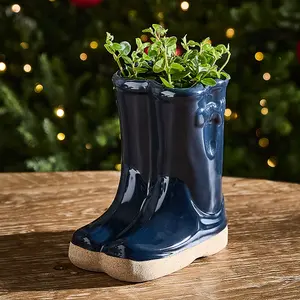 Midnight Blue Wellington Boot Ceramic Indoor Outdoor Flower Pot Garden Planter Pot