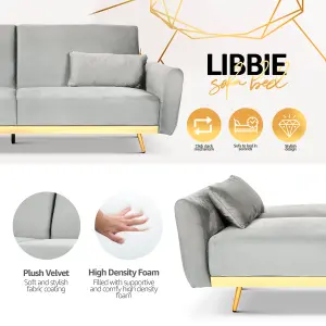 Libbie 3 Seater Light Grey Velvet Sofa Bed with Gold Detail