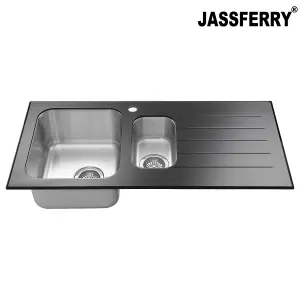 JASSFERRY Glossy Black Glass Top Kitchen Sink Stainless Steel 1.5 Bowl Right Hand Drainer