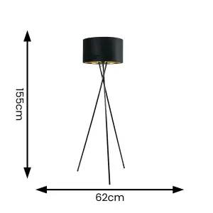 ValueLights Camden Gloss Black Tripod Floor Lamp with Black Velvet and Metallic Gold Inner Shade and LED Bulb