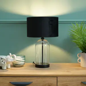 ValueLights Jessy Glass and Black Metal Bedside Table Lamp with a Black Velvet Lampshade - Bulb Included