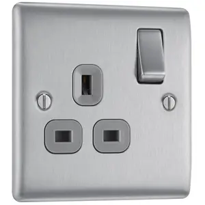 BG Brushed Steel Single 13A Switched Socket & Grey inserts