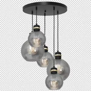 Milagro Omega Black/Gold Pendant Lamp 5XE27 With Elegant Smoked Glass Spheres Quality Matt Black Fittings With Gold Detail