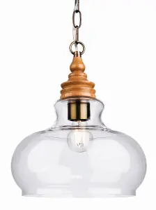 Luminosa Comet 1 Light Dome Ceiling Pendant Natural Wood with Clear Glass, E27