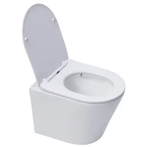 Gloss White Hidden Fixation Wall Hung Rimless Toilet WC Pan & Soft Close Slim Seat