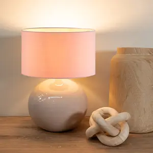 ValueLights Bosco Stone Natural Ceramic Table Lamp with Blush Pink Drum Shade - LED Bulb Included