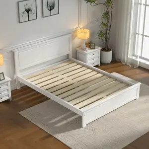 Wooden Double Bed Frame 4ft6 Solid White Bed For Adults Kids Teenagers - No Mattress