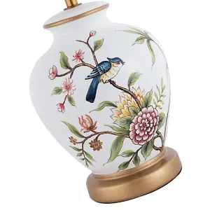 Traditional Ceramic Lamp Base in White Gloss with Coloured Birds and Flowers