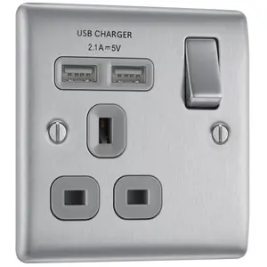 BG Brushed Steel Single 13A Raised slim Switched Screwed Socket with USB, x2 & Grey inserts