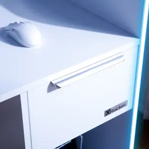 X-Rocker Electra RGB Gaming Desk 110cm Wide PC Computer Table Drawer Shelf App Controlled LED Lights & Wireless Charging - WHITE