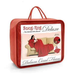 Red Snug Rug Deluxe Blanket With Sleeves Luxury Cosy Super Soft Coral Fleece Fabric Long Oversized Pouch Pocket Adults