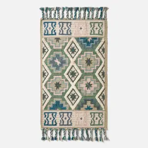 Homescapes Matala Green & Blue Kilim Wool Rug 120 x 170 cm