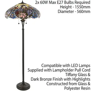 1.5m Tiffany Twin Floor Lamp Dark Bronze & Floral Stained Glass Shade i00027