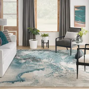 Ivory Teal Abstract Luxurious Modern Easy to clean Rug for Dining Room Bed Room and Living Room-66 X 229cm (Runner)