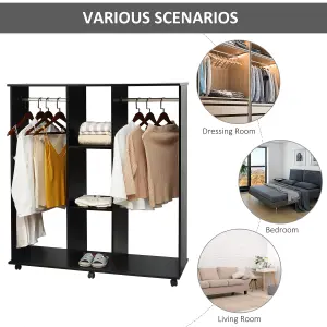 HOMCOM Mobile Double Open Wardrobe w/ Clothes Hanging Rail Colthing Black