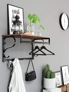 VASAGLE Wall Wardrobe Wall Shelf 5 Hook Shelf, Industrial Design Hook Sticker Hanging Bar, For Hallway, Vintage Brown-Black