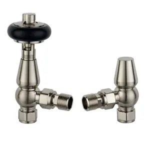 Pair of Light Nickel Wooden Head Angled Thermostatic Radiator Valves