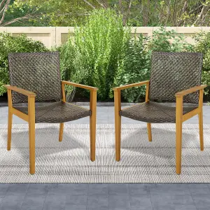 Costway Patio Dining Chairs Set of 4 Outdoor Acacia Wood & PE Wicker Chairs with Armrests