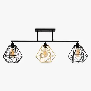 ValueLights Fillatt Industrial 3 Way Satin Black Pipework Ceiling Light with Black and Gold Cage Shades