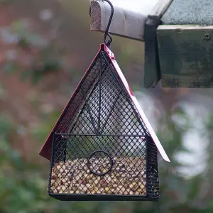 House Style Bird Feeder - Red & Black Weatherproof Mesh Design Outdoor Garden Seed or Peanut Feeding Station - H22 x W17 x D13.5cm