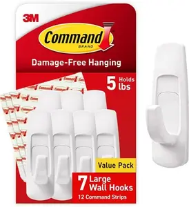 Command Large Utility Hooks, Damage Free Hanging Wall Hooks With Adhesive Strips, No Tools Wall Hooks For Hanging Christmas Decorations, 7 White