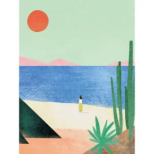 Henry Rivers Beach Girl Canvas Print Green/Blue/Peach (40cm x 30cm)