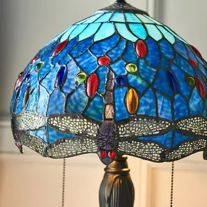 Tiffany Glass Table Lamp Light Dark Bronze Base & Blue Dragonfly Shade i00193