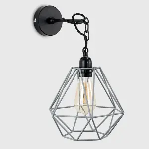 ValueLights Huber Industrial Style Satin Black Wall/Ceiling Light Fitting with Grey Metal Cage Shade