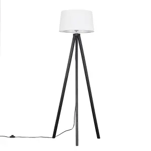 ValueLights Barbro Modern Black Wood Tripod Floor Lamp with White Tapered Shade - Includes 6w LED GLS Bulb 3000K Warm White