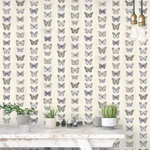 Galerie Organic Textures Beige Blue Jewel Butterflies Stripe Textured Wallpaper