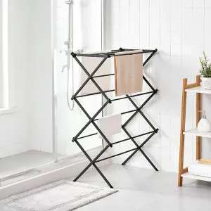 3 Tier Extendable Compact Clothes Airer With 7.5m Washing Line Drying Space Towel Rack - Black