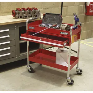 Durable 2-Tier Workshop Trolley with Lockable Drawer - 80kg Capacity in Red