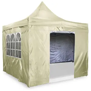 Beige Deluxe Commercial Gazebo with Zipped Removable Sides - 3m x 3m - Waterproof PVC Coated