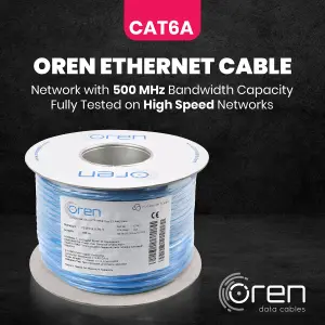 Oren CAT6A 100m Ethernet Cable - 23 AWG Pure Copper Wire - 500 MHz Bandwidth U/FTP Internet LAN Network Cable - Halogen Free