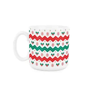 Purely Home Festive Christmas Mug - Holly Leaves & Stripes Xmas Gift -Tea/Coffee Ceramic Cup