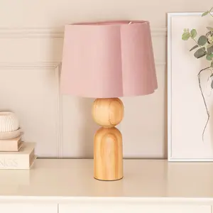 ValueLights Azalea Rustic Wooden Table Lamp with Blush Pink Velvet Scallop Shade