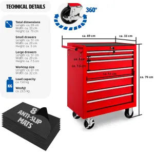 Tool Box - with wheels, 7 drawers, central locking system - red