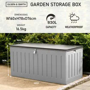 Olsen & Smith 830L Capacity Outdoor Garden Storage Box Plastic Shed - Weatherproof & Sit On with Wood Effect Chest