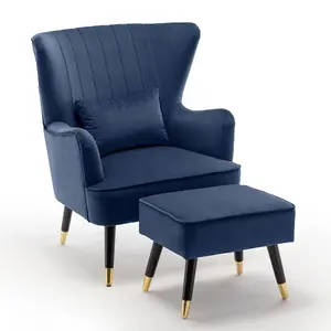 Velvet Blue Camila Accent Wingback Chair with Footstool