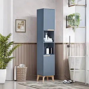 Grey Tall Bathroom Cabinet with Solid Wood Legs 160cm H