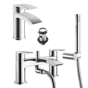 Chrome Sleek Basin & Bath Shower Mixer Tap Pack Including Bath Waste