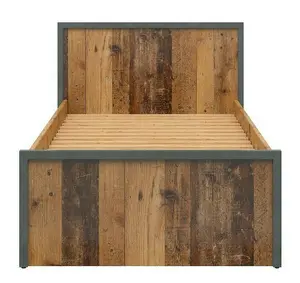 Single Bed Euro 90cm Frame + Wood Slats Dark Grey Rustic Oak Pine Effect Weston